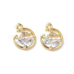 Brass Charms, with Glass Rhinestone, Flat Round with Fishtail Charm, Real 18K Gold Plated, 11.5x9x3.5mm, Hole: 1.2mm