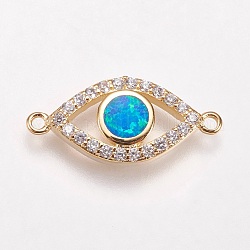 Brass Micro Pave Cubic Zirconia Links, with Synthetic Opal, Eye, Golden, Blue, 9x20x3mm, Hole: 1mm