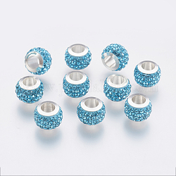 Perles européennes en 304 acier inoxydable, avec strass en pâte polymère, Perles avec un grand trou   , rondelle, aigue-marine, 11x7.5mm, Trou: 5mm