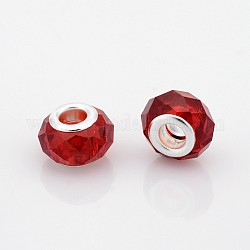 Perles européen en verre à facettes, perles de rondelle avec grand trou , avec noyaux en laiton plaqué couleur argent, rouge, 14x9mm, Trou: 5mm
