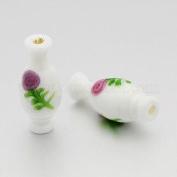 Handmade Lampwork 3D Vase with Flower Beads, White, 34x14mm, Hole: 3mm