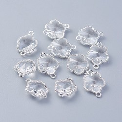 Connecteurs de liens en verre, avec des accessoires de berzel à dos ouvert en alliage écologique, fleur, couleur argentée, clair, 15.5x12x5mm, Trou: 1.4mm