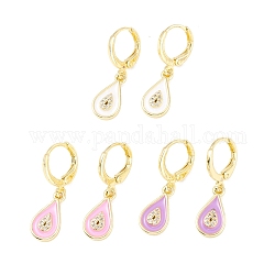 Enamel Teardrop Dangle Leverback Earrings with Clear Cubic Zirconia, Real 18K Gold Plated Brass Drop Earrings for Women, Lead Free & Cadmium Free, Mixed Color, 27.5mm, Pin: 0.8x1mm