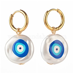 3D Printed Evil Eye Round Imitation Pearl Earrings for Girl Women, Huggie Hoop Earrings  with 304 Stainless Steel Findings, Golden, 34mm, Pin: 1mm