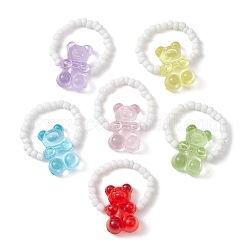 Acrylic Bear Stretch Rings, with Glass Seed Beaded, Mixed Color, US Size 12 3/4(22mm)