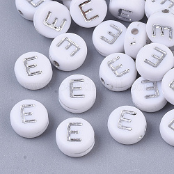 Plating Acrylic Beads, Silver Metal Enlaced, Horizontal Hole, Flat Round with Letter, White, Letter.E, 7x4mm, Hole: 1.2mm