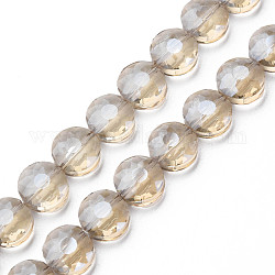 Electroplate Transparent Glass Beads Strands, Faceted, Flat Round, Pale Goldenrod, 10x6mm, Hole: 0.9mm, about 70pcs/strand, 27.95 inch(71cm)