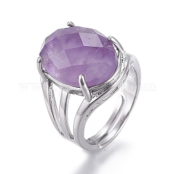 Adjustable Faceted Natural Amethyst Finger Rings, with Platinum Brass Findings, Oval, Size 8, Inner Diameter: 18mm