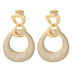 Rack Plating Brass Micro Pave Cubic Zirconia Dangle Stud Earrings, Hollow Teardrop, Real 16K Gold Plated, 41x25mm