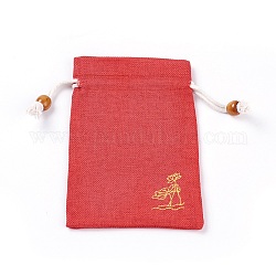 Burlap Packing Pouches, Drawstring Bags, with Wood Beads, Red, 14.6~14.8x10.2~10.3cm