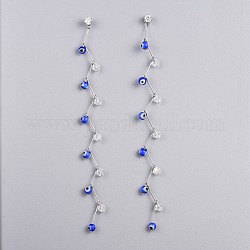 Orecchini pendenti fatti a mano con perle di lampwork del malocchio, con 304 scoperte in acciaio inox, zirconi cubici e perle di vetro, blu, 115mm, ago :0.7mm