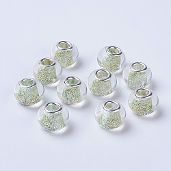Glasperlen europäischen, Großloch perlen, mit silberner Farbe Messing Kerne, Rondell, gelb-grün, 14x11 mm, Bohrung: 4.5 mm