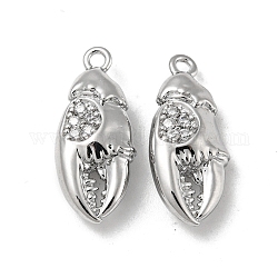 Brass Micro Pave Clear Cubic Zirconia Pendants, Crab Claw Charms, Real Platinum Plated, 19x8x5mm, Hole: 1.4mm