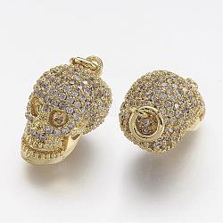 Brass Micro Pave Cubic Zirconia Charms, Skull, Golden, 10x11x15.5mm, Hole: 3mm