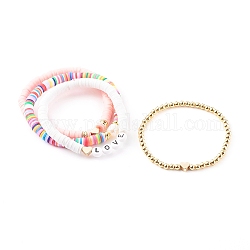 Stretch Beaded Bracelets Sets, with Polymer Clay Heishi Beads, Brass Beads, Natural Pearl Beads and Acrylic Letter Beads, Word Love, Golden, Mixed Color, Inner Diameter: 1-3/4~2-1/8 inch(4.5~5.5cm), 4pcs/set
