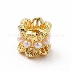 Perline in ottone, con perla in plastica imitazione abs,  cadmio& piombo libero, colonna, vero placcato oro 18k, 5.5x6mm, Foro: 2 mm