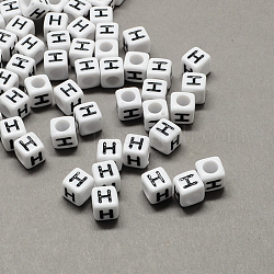 Large Hole Acrylic Letter European Beads, Horizontal Hole, White & Black, Cube with Letter.H, 6x6x6mm, Hole: 4mm, about 2950pcs/500g