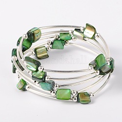 Shell perle avvolgere bracciali, tinto, filo della memoria bracciale in acciaio con perline tubo di ottone e perle tonde di ferro, platino, 59mm, verde mare, 59mm