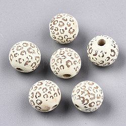 Painted Natural Wood Beads, Laser Engraved Pattern, Round with Leopard Print, Light Yellow, 15~16x15mm, Hole: 4mm