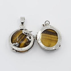 Natural Gemstone Pendants, Tiger Eye, with Brass Pendant Setting, Round, Misty Rose, 23x11mm