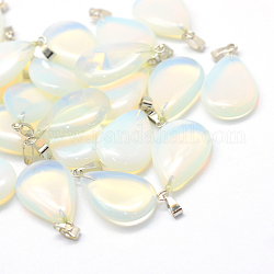 Teardrop Opalite Pendants, with Platinum Tone Brass Findings, 25~29x16~17x5~6mm, Hole: 2x7mm