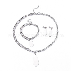 304 chaînes de trombones en acier inoxydable et ensembles de bijoux de chaîne de câble, Boucles d'oreilles pendantes et colliers pendentifs et bracelets à breloques, larme, couleur inoxydable, 18-3/4 pouce (47.7 cm), 8 pouce (20.3 cm), 37mm, pin: 0.6 mm