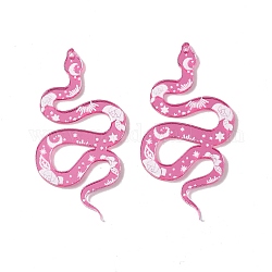 Pendente acrilico opaco, serpente con charms motivo fiore e luna, rosa caldo, 48.5x25x1.5mm, Foro: 1.2 mm