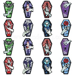 16Pcs 8 Styles Opaque Printed Acrylic Pendants, for Halloween, Coffin with Vampire Hand Charm, Eye/Goblet/Skull/Rose/Butterfly/Snake/Spider/Perfume Bottle Pattern, Mixed Color, 41~43x23.5~27.5x2.5mm, Hole: 2mm, 2pcs/style