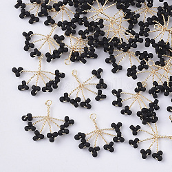 Perles de rocaille en verre pendentifs enveloppés de fil, avec fils en laiton plaqué or, arbre, noir, 15~16x18~21x2~3mm, Trou: 1.2mm
