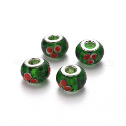 Handgemachte glasperlen murano glas großlochperlen, Großloch perlen, mit Platin-Ton Messing Doppeladern, Rondelle mit Punktmuster, grün, 14x9~10 mm, Bohrung: 5 mm