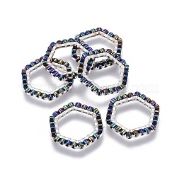 Miyuki & toho perles de rocaille japonaises faites à la main, avec anneaux connecteurs en 304 acier inoxydable, motif de tissage, hexagone, couleur d'argent, colorées, 15~15.5x16x1.8~2mm
