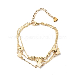 Brass Heart & Moon Link Multi-strand Bracelet, Triple Layer Bracelet for Women, Golden, 7-3/4 inch(19.7cm)