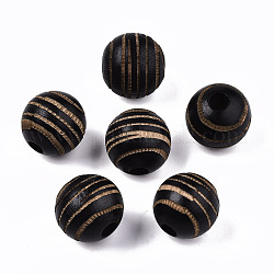 Perles de bois naturel peintes, motif gravé au laser, rond avec zèbre, noir, 15.5~16.5x15mm, Trou: 4mm