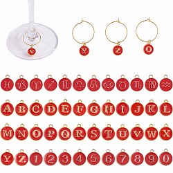 Kits de fabrication de breloques en verre à vin bricolage, y compris les anneaux de charme de verre à vin en laiton, pendentifs en alliage d'émail numéro et alphabet et constellation, rouge, 148 pcs / boîte