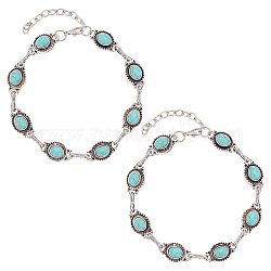 Anattasoul, 2 Uds., tobillera de cadena de eslabones ovalados turquesa imitación acrílica, joyas de aleación para mujer, plata antigua y platino, 9-1/4 pulgada (23.5 cm)