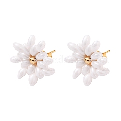 Boucles d'oreilles fleurs, avec des perles de verre tchèque, accessoires de puces d'oreilles en 304 acier inoxydable plaqué or et poussoirs d'oreilles, blanc, 19x18x4mm, pin: 0.8 mm