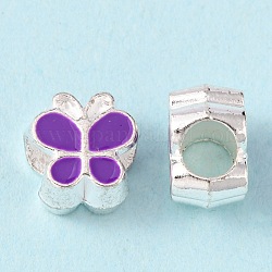 Legierung Emaille Schmetterling großes Loch European Beads, silberfarben plattiert, dunkelviolett, 10x10x7 mm, Bohrung: 4.5 mm