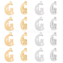 Unicraftale 16Pcs 2 Colors Valentine's Day 304 Stainless Steel Charms, Laser Cut, Moon with Tower & Couple, Mixed Color, 12x8.5x1mm, Hole: 1.2mm, 8pcs/color