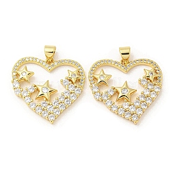 Rack Plating Brass Micro Pave Cubic Zirconia Pendants, Long-Lasting Plated, Lead Free & Cadmium Free, Heart with Star Charms, Real 18K Gold Plated, 23x24.5x3mm, Hole: 5x3mm