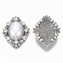 Cabochons en alliage, avec strass cristal, avec abs en plastique imitation perle, losange, argent antique, blanc, 32x26x7.5mm