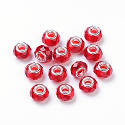 Perles européennes en verre, Perles avec un grand trou   , avec doubles noyaux de cuivre, facette, rondelle, rouge foncé, 14x10mm