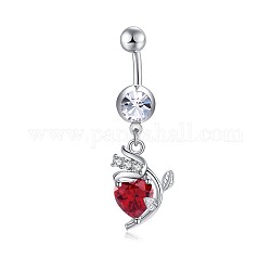 Brass Cubic Zirconia Navel Ring, Belly Rings, with 304 Stainless Steel Bar, Cadmium Free & Lead Free, Flower, Red, 43mm, Bar: 15 Gauge(1.5mm), Bar Length: 3/8