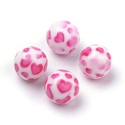 Perles acryliques imprimés opaques, ronde avec motif coeur, rose chaud, 10x9.5mm, Trou: 2mm