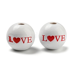 Perline di legno stampati, perline rotonde di San Valentino, fumo bianco, parola, 16mm, Foro: 3~4.4 mm