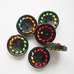 ラウンドは、カラフルな糸でのボタンを描いた  ウッドボタン  ミックスカラー  ブラック  18mm。