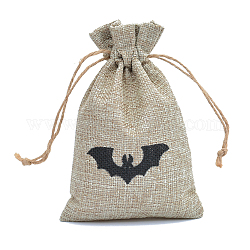 Sacchetti di imballaggio della tela da imballaggio di Halloween, borse coulisse, rettangolo con motivo a pipistrello, tan, 15x10cm