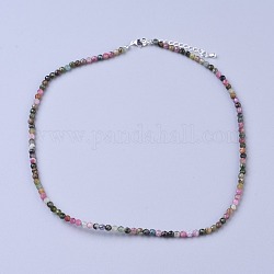 Collane di perline naturale tormalina, con chiusure moschettone in ottone, perle tonde sfaccettate, 16.5 pollice ~ 16.7 pollici (42~42.5 cm) x 2 mm