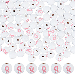 Perles en bois à motif de ruban rose de sensibilisation au cancer du sein imprimées pour la saint valentin, ronde, teinte, blanc, 16mm, Trou: 3mm