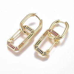 Brass Micro Pave Cubic Zirconia Dangle Huggie Hoop Earrings, Long-Lasting Plated, Rectangle, Golden, Colorful, 39mm, Pin: 1mm