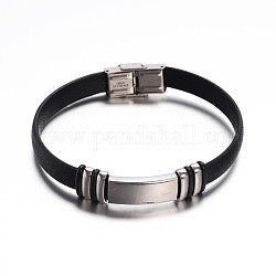 Rectángulo de color negro pulseras de cordón Identificación del cuero de la PU, con 304 fornituras de acero inoxidable y cierres banda reloj, color acero inoxidable, 220x10mm